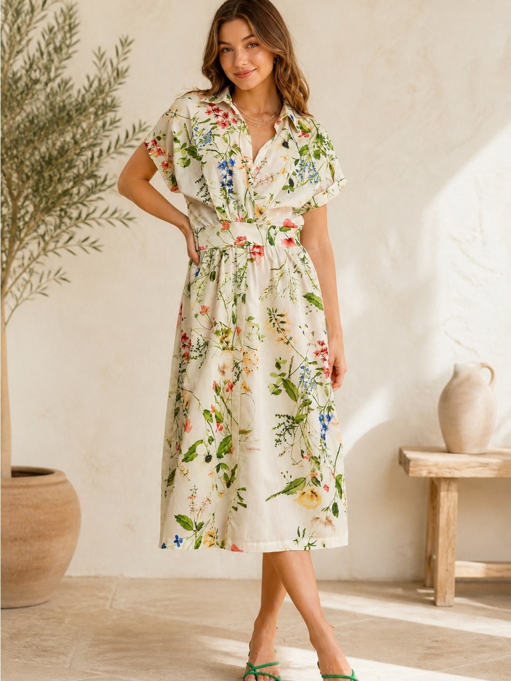 Umgee Floral Midi Dress Size M Cottagecore Botanical Print Smocked Waist